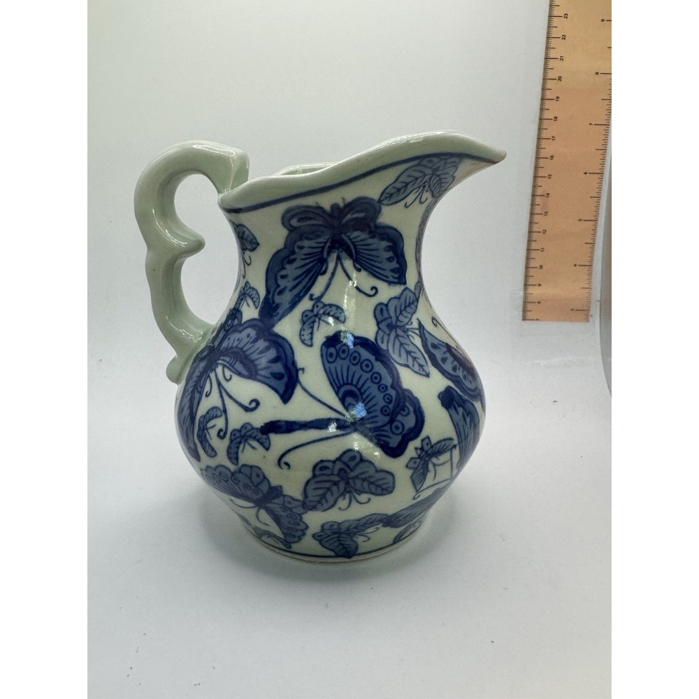 Stoneware - Blue & Beige Butterfly Pitcher, 5.25" tall